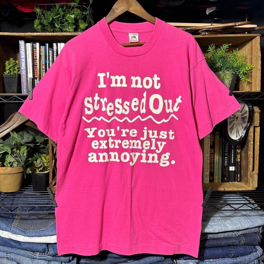 Vintage 90s Single Stitch Funny Comedy Joke Tee Large Pink White Humor Shirt